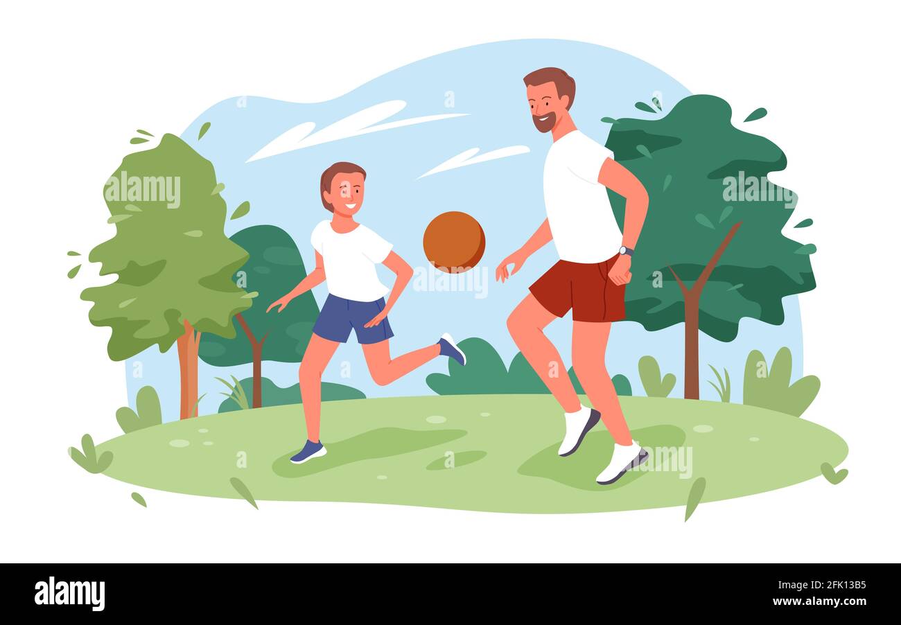 La famiglia gioca la palla nel parco estivo della natura della città, padre e figlio che giocano un divertente gioco sportivo Illustrazione Vettoriale