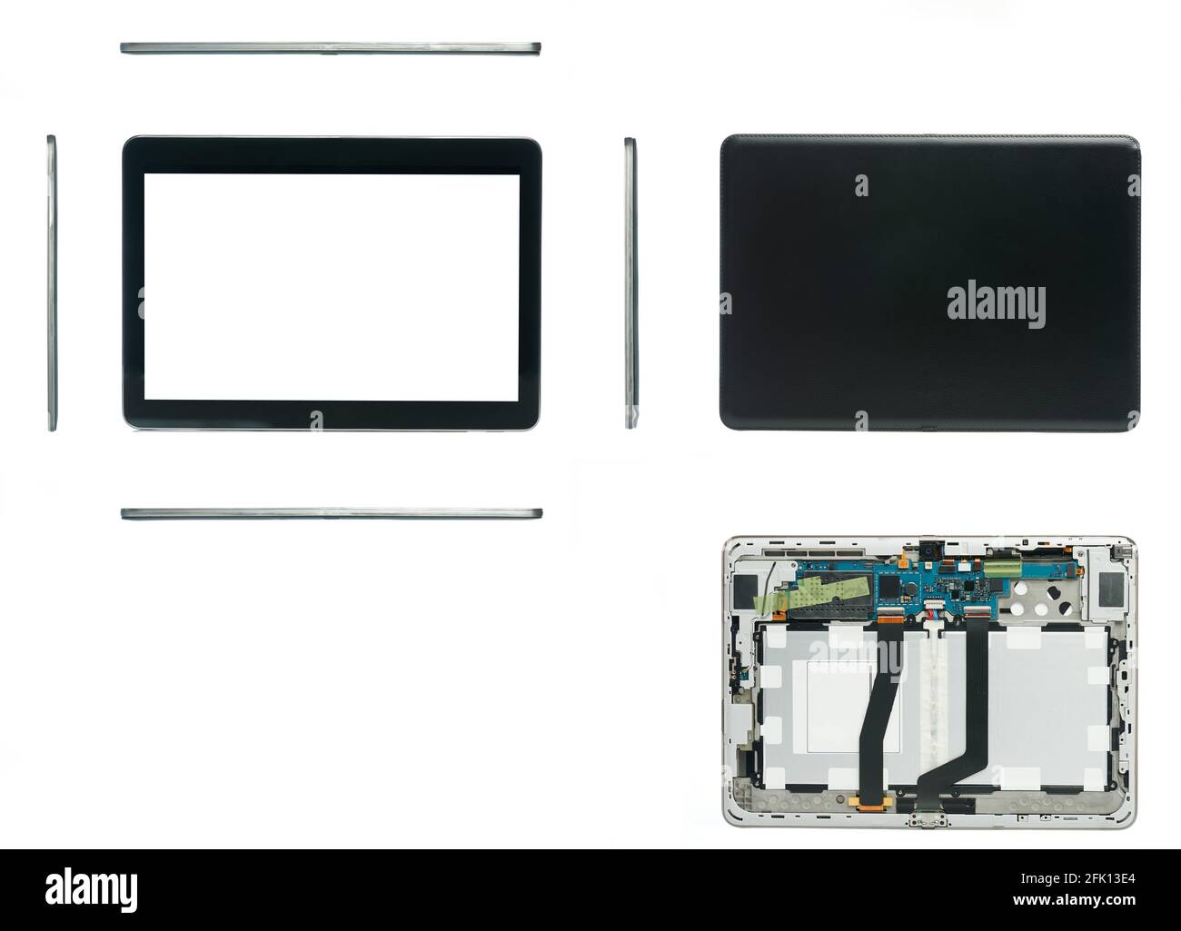 Tutte le viste del tablet elettronico sono isolate su sfondo bianco. Vista frontale, posteriore, laterale ed elettronica del tablet nero Foto Stock