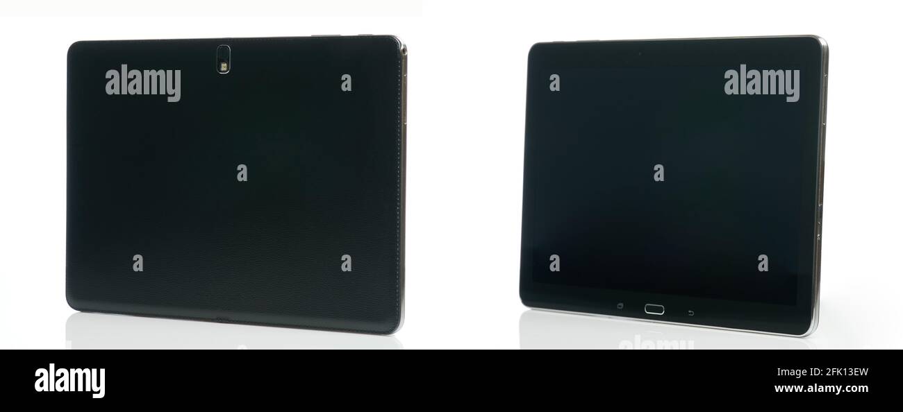 Tablet nero con vista isometrica posteriore e anteriore isolato con pulsante Foto Stock
