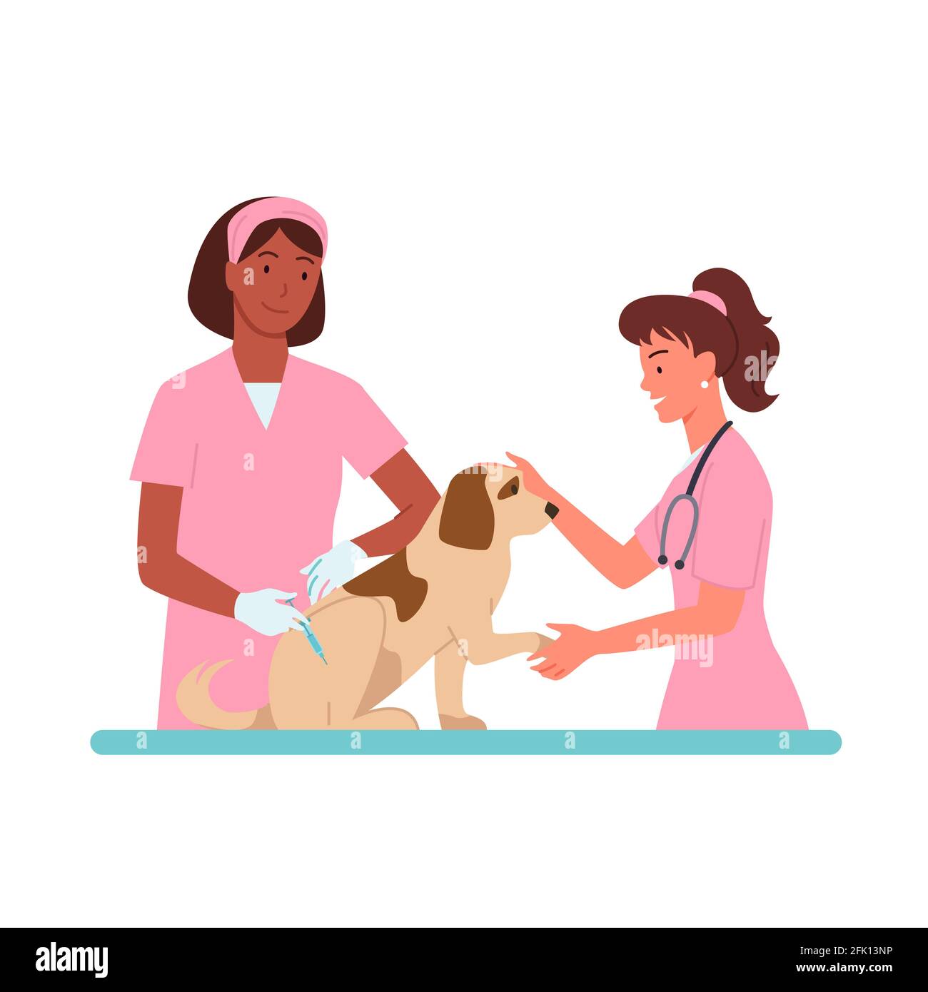 Appuntamenti del cane paziente in clinica veterinaria vettore illustrazione Cartoon veterinario medico donne carattere in rosa uniforme medica di lavoro, tenendo il cane Illustrazione Vettoriale