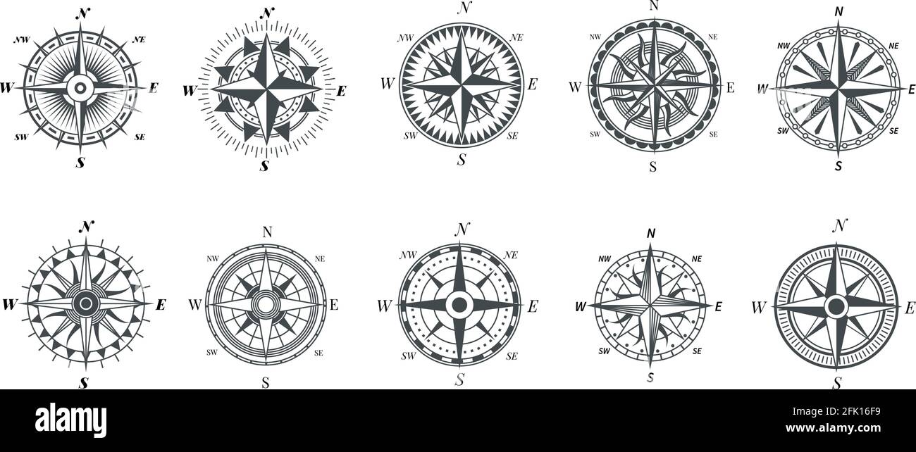Bussola Wind Rose. Compassi marini d'epoca, cartelli di navigazione nautica, frecce retrò simboli vettoriali puntatore Illustrazione Vettoriale