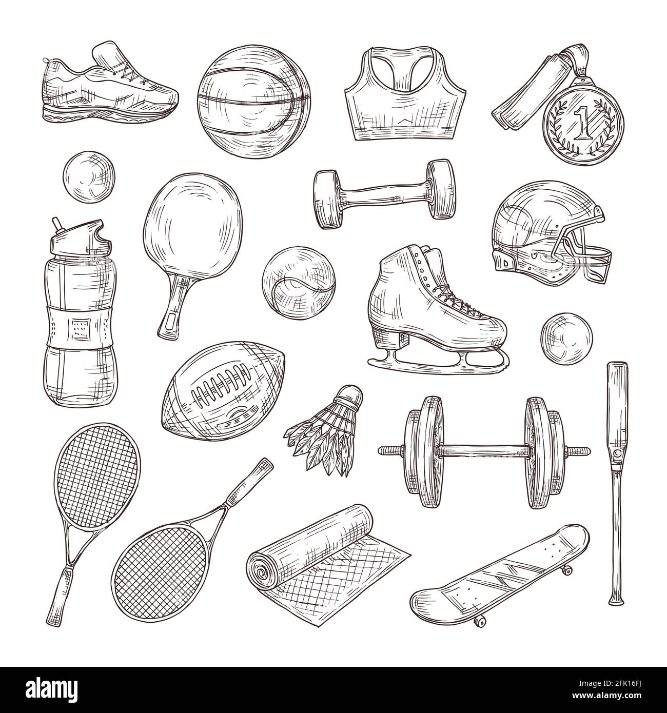 Attrezzature sportive disegnate a mano. Medaglia, basket e rugby palla, shuttlecock e casco da calcio. Racchetta da tennis, set vettoriale da baseball Illustrazione Vettoriale