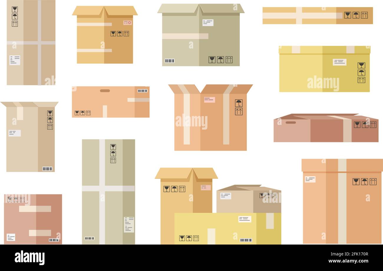 Scatole di cartone piatte. Aprire la scatola della carta, imballaggio di spedizione. Scatole consegna cartone e posta pacchi di carico. Set di imballaggio per spedizione e conservazione Vector Illustrazione Vettoriale