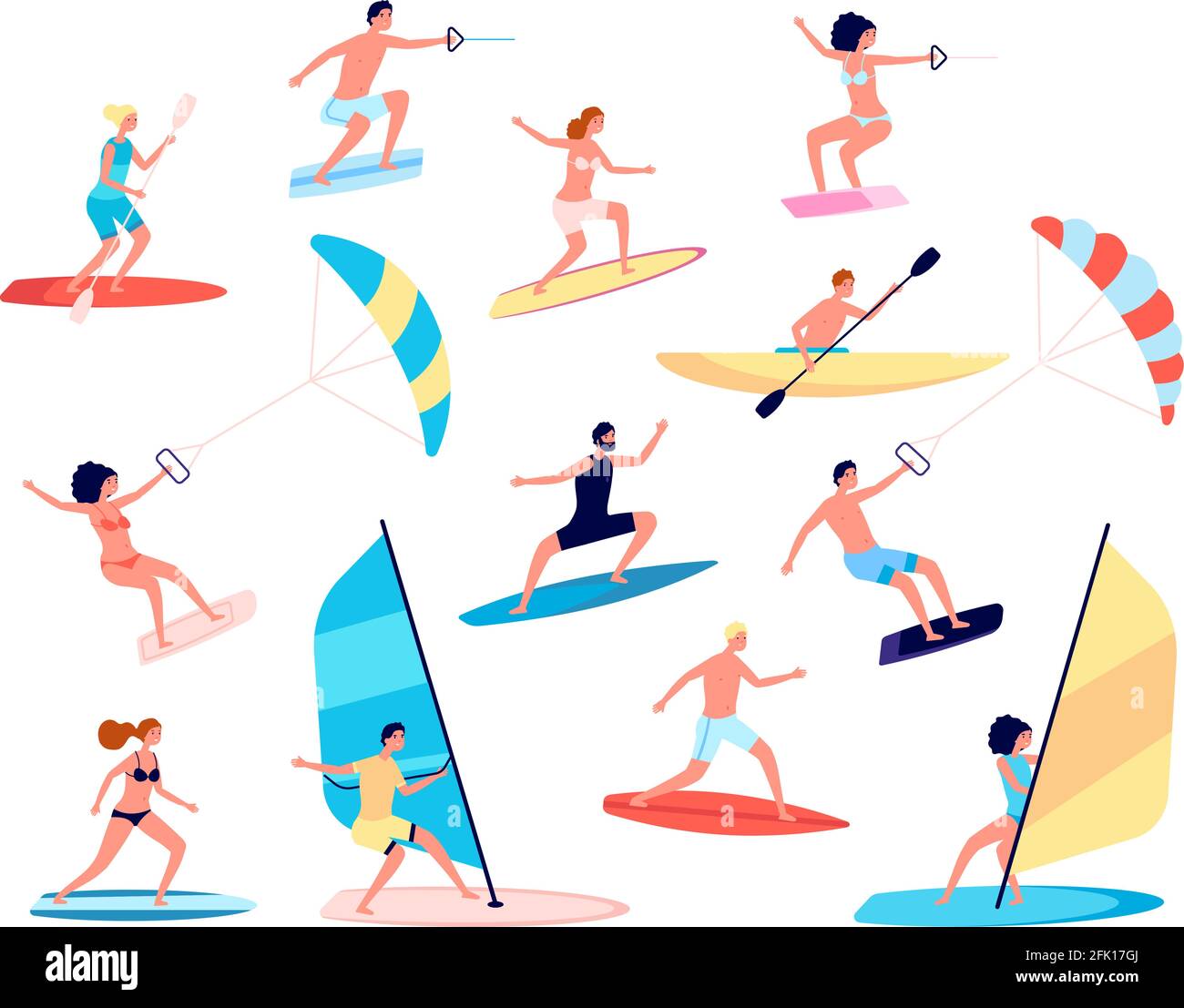 Sport acquatici. Canoe, stile di vita marino estremo. Surf e windsurf, le persone ricreative attività oceaniche all'aperto. Set vettoriale per il tempo libero estivo Illustrazione Vettoriale