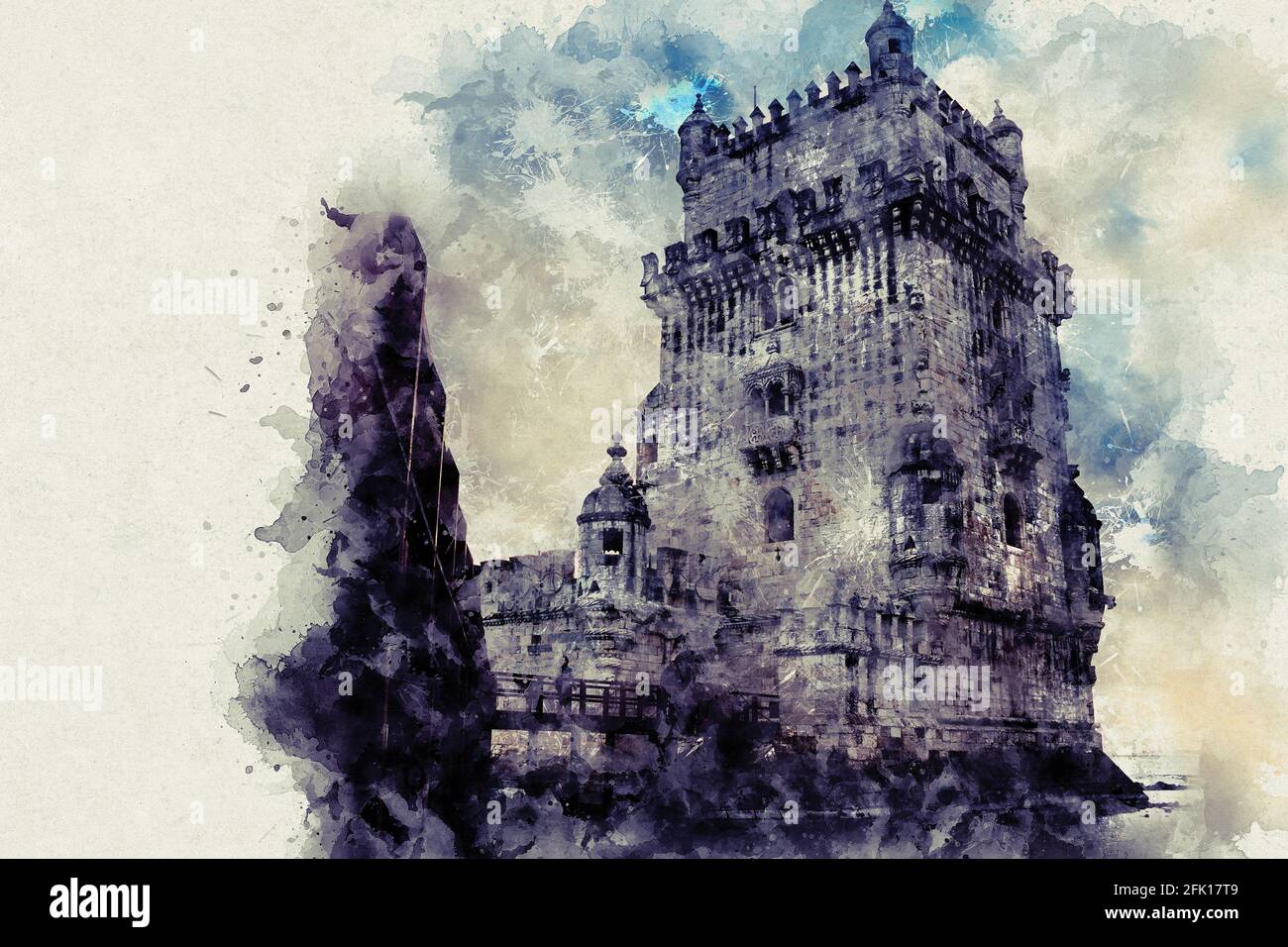 Lisbona, Torre di Belem - Fiume Tago, Portogallo. Architettura con cielo blu luminoso Foto Stock