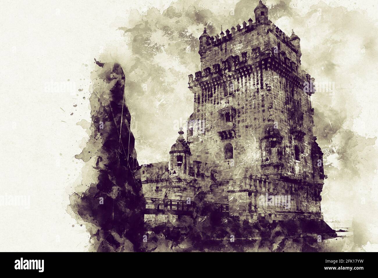 Lisbona, Torre di Belem - Fiume Tago, Portogallo. Architettura con cielo blu luminoso Foto Stock