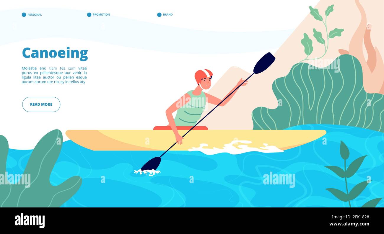 Canoa e kayak. Modello di sito Web sport acquatici. Uomo in kayak nel lago blu. Attività estreme, divertente ricreazione all'aperto vettore landing page Illustrazione Vettoriale