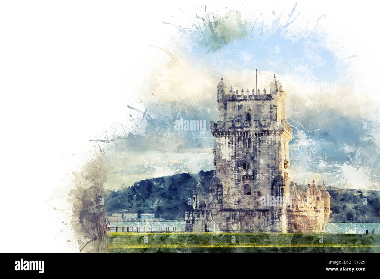 Lisbona, Torre di Belem - Fiume Tago, Portogallo. Architettura con cielo blu luminoso Foto Stock