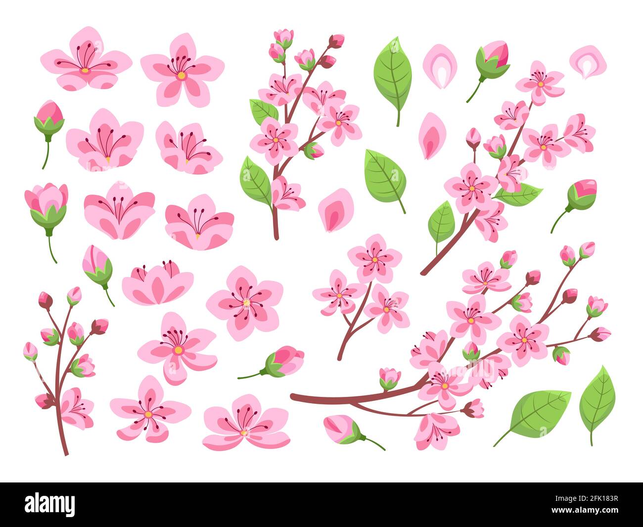 Sakura fiorisce. Ciliegio asiatico, fiori di pesca. Giardino isolato di mandorle o piante di parco. Petalo floreale rosa in erba e rami, insieme vettore foglia Illustrazione Vettoriale
