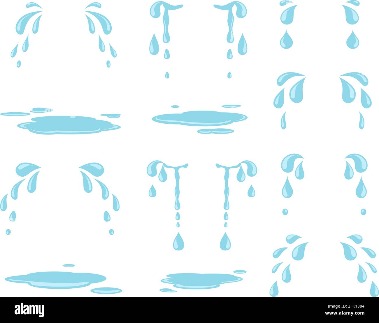 Lacrime di cartone animato. Spruzzi d'acqua, gocce pioventi e ruscello naturale. Goccioline piangenti e lacrime piangenti. Set di vettori isolati di sudore e gocce di pioggia Illustrazione Vettoriale