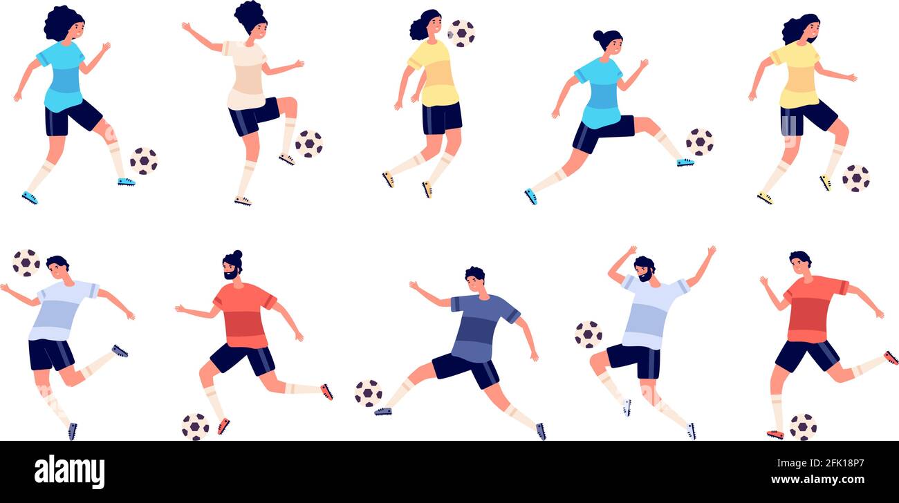 Giocatori di calcio. Sportivo di calcio, persone che giocano con la palla. Obiettivo e calcio dell'atleta, azione sportiva isolata e illustrazione vettoriale dell'allenamento Illustrazione Vettoriale