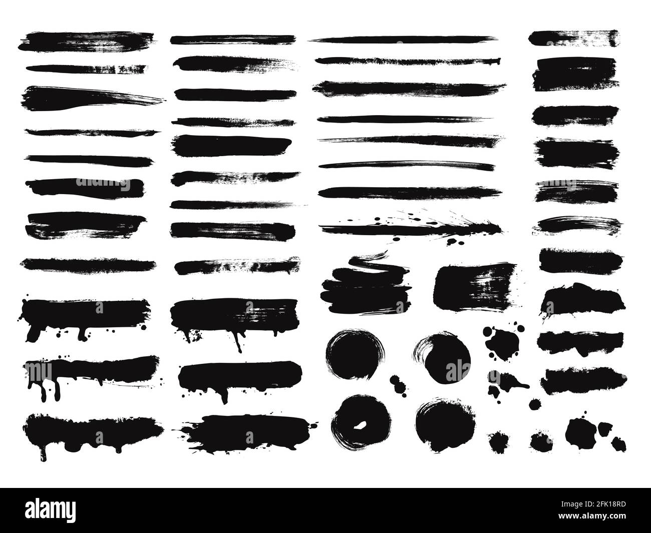 Corsa pennello. Spruzzare la linea di vernice, schizzi di inchiostro sporchi. Macchie acquerello o graffi artistici grunge acrilico. Insieme vettoriale di forme artistiche isolate Illustrazione Vettoriale