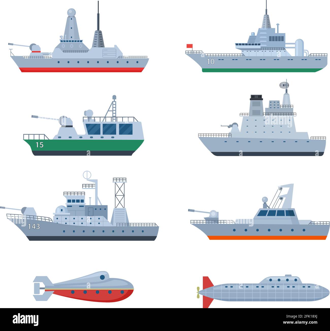 Barche militari. Nave da guerra combattente, fregata di sicurezza. Icone isolate di combattimento della difesa navale. Forza e guerra marina, corazzata piatta insieme vettoriale Illustrazione Vettoriale