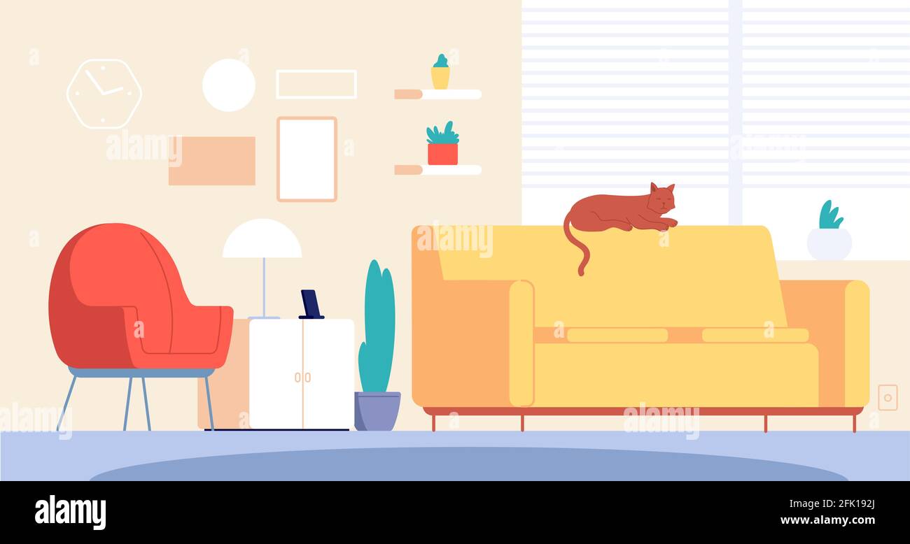 Gatto in camera. Arredamento per la casa, arredamento elegante. Interni moderni degli appartamenti con lettini per gli animali domestici sul divano. Illustrazione vettoriale del design della lounge Illustrazione Vettoriale