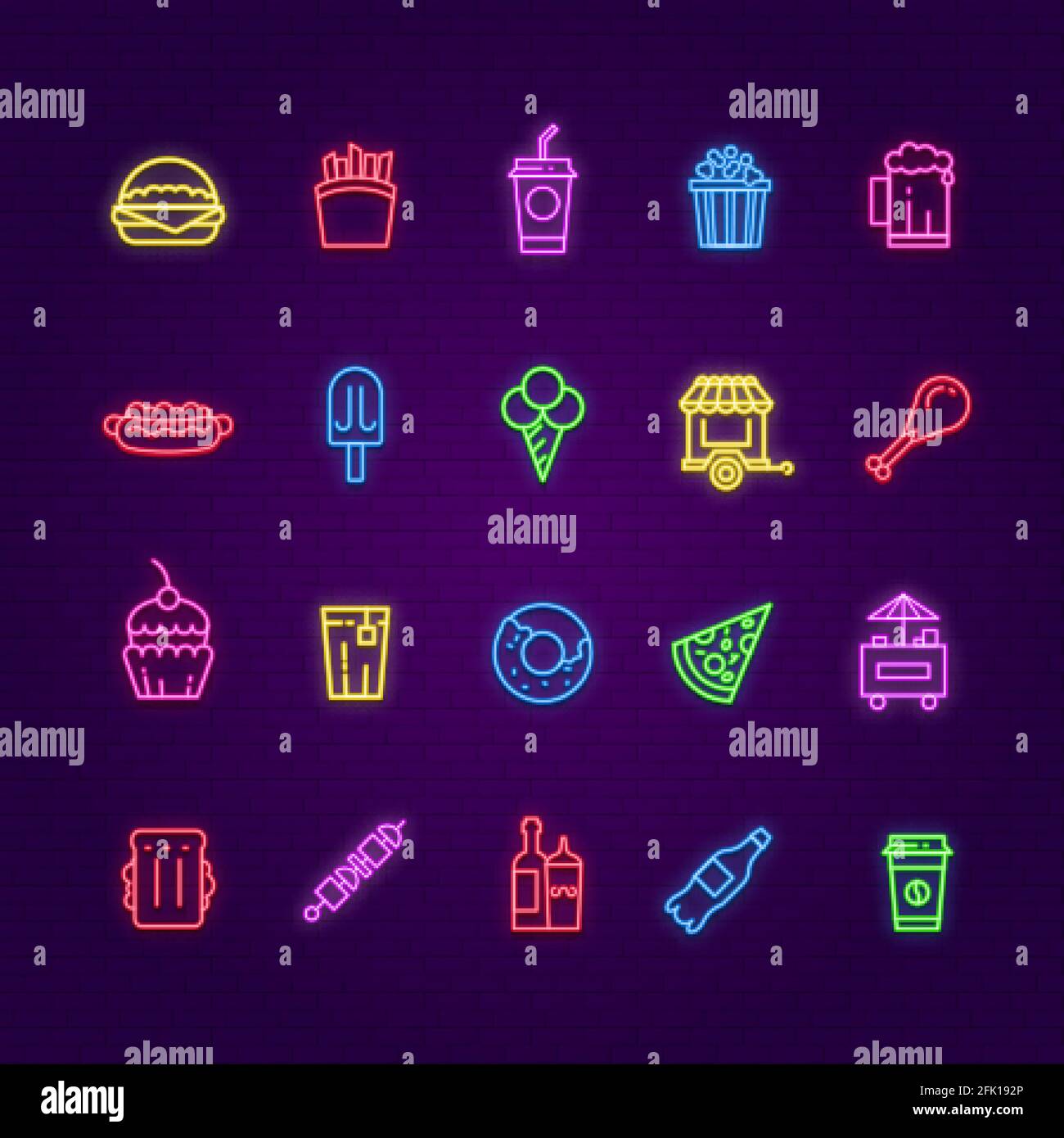 Icone di cibo al neon. Burger, gelati e bevande, hot dog e segno di colore pizza. Bar notturno, ristorante o caffè con simboli vettoriali luminosi Illustrazione Vettoriale