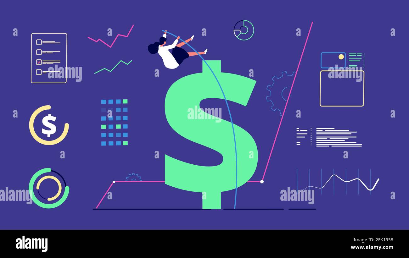 Donna successo finanziario. La donna d'affari salta sopra i soldi, il commercio e gli investimenti vantaggiosi. Analisi finanziaria femminile, vettore di crescita della carriera Illustrazione Vettoriale