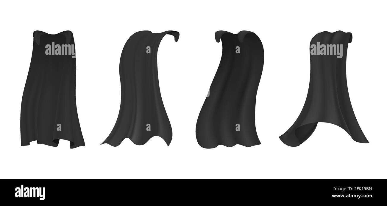 capo nero. Vestiti isolati di seta, festival o costumi di carnevale. Mantello di vampiro scuro, tessuto volante realistico isolato. Set vettoriale per la festa della moda Illustrazione Vettoriale
