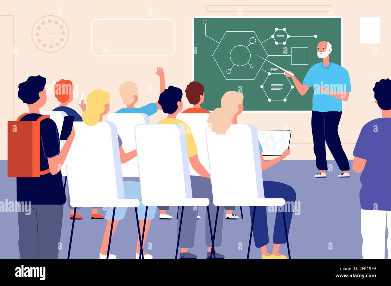 Lezione. Classe studentesca, lezione di formazione scolastica. Presentazione dell'insegnante o seminario educativo. Illustrazione vettoriale di persone del professore di sesso maschile Illustrazione Vettoriale