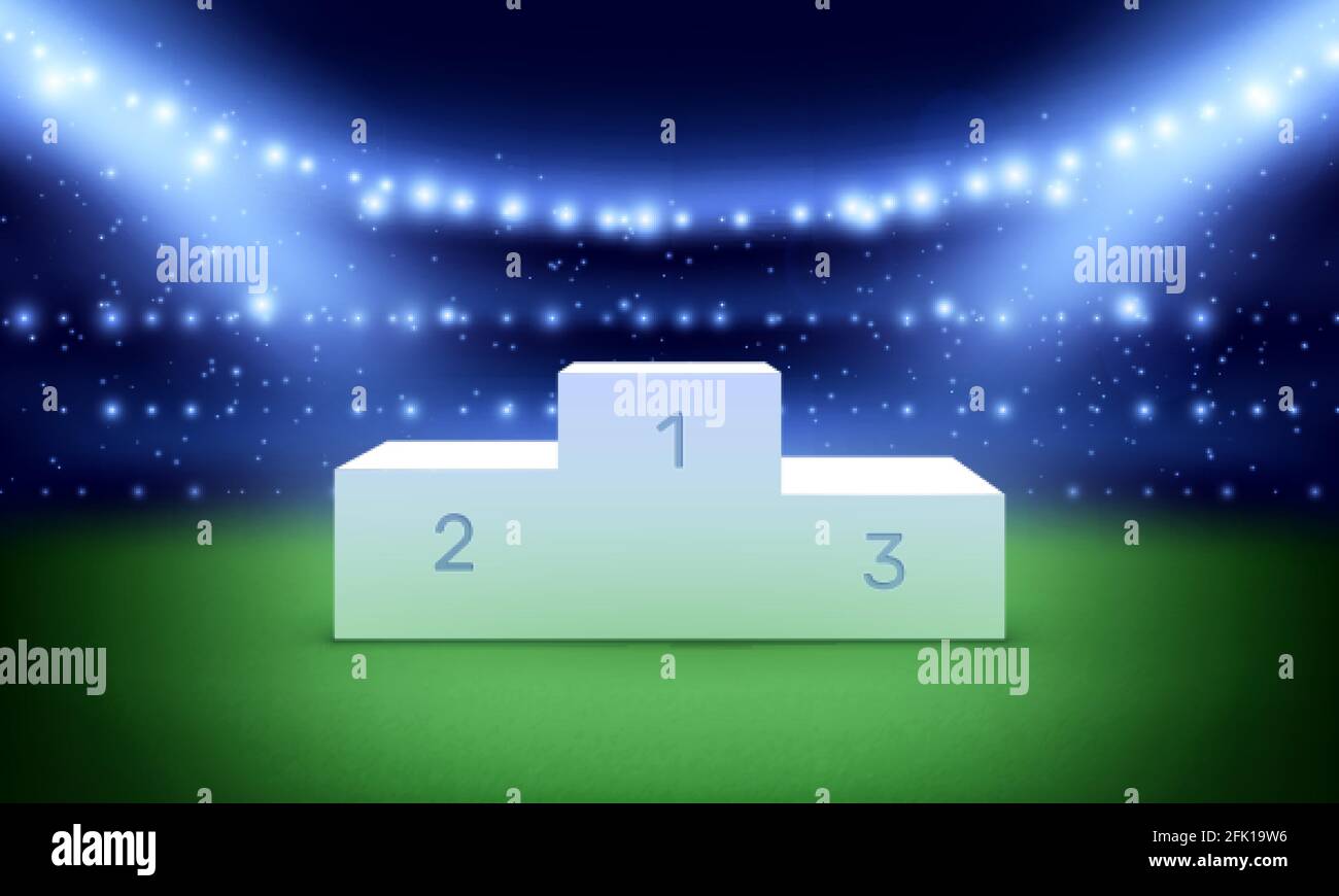Piedistallo sportivo sullo stadio. Podio dei vincitori, scala di ricompensa realistica. Piattaforma di premi e faretti, campione di concorso vettore illustrazione Illustrazione Vettoriale