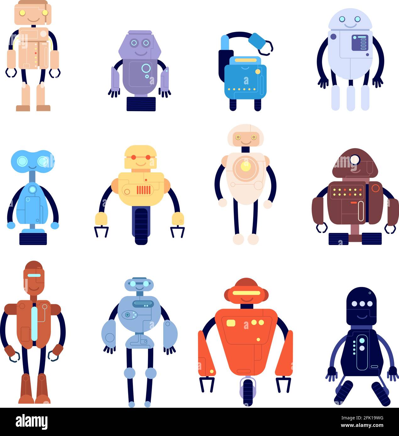 Personaggi robot. Simpatico gioco meccanico narrativa. Tecnologia isolata androidi per i bambini. Cyborg futuristico d'epoca per bambini, set vettoriale robotico Illustrazione Vettoriale