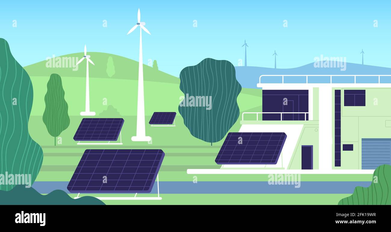 Energia elettrica pulita. Turbina, costruzione di risorse rinnovabili. Elettricità moderna, stazione solare a batteria. Illustrazione vettoriale Powerhouse Illustrazione Vettoriale