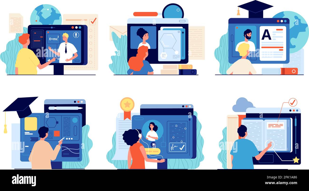 Scuola di distanza. Formazione su Internet, formazione online e corso. Presentazione al computer, video universitario. Persone che testano il sito web vettore insieme Illustrazione Vettoriale