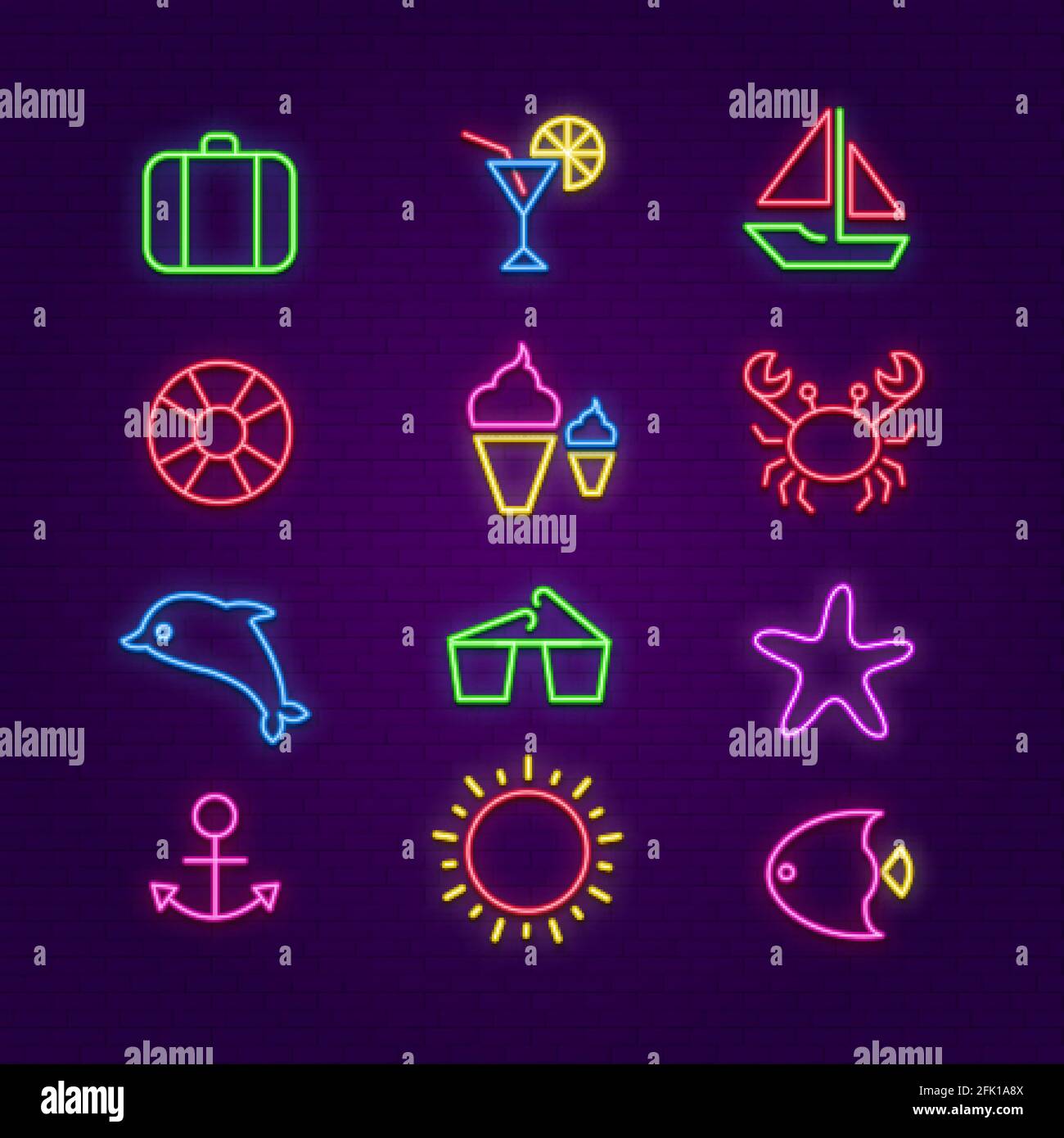 Icone estive. Simboli al neon per l'illuminazione estiva. Occhiali da sole, cocktail, jacht e pesce incandescente LED vettore set Illustrazione Vettoriale