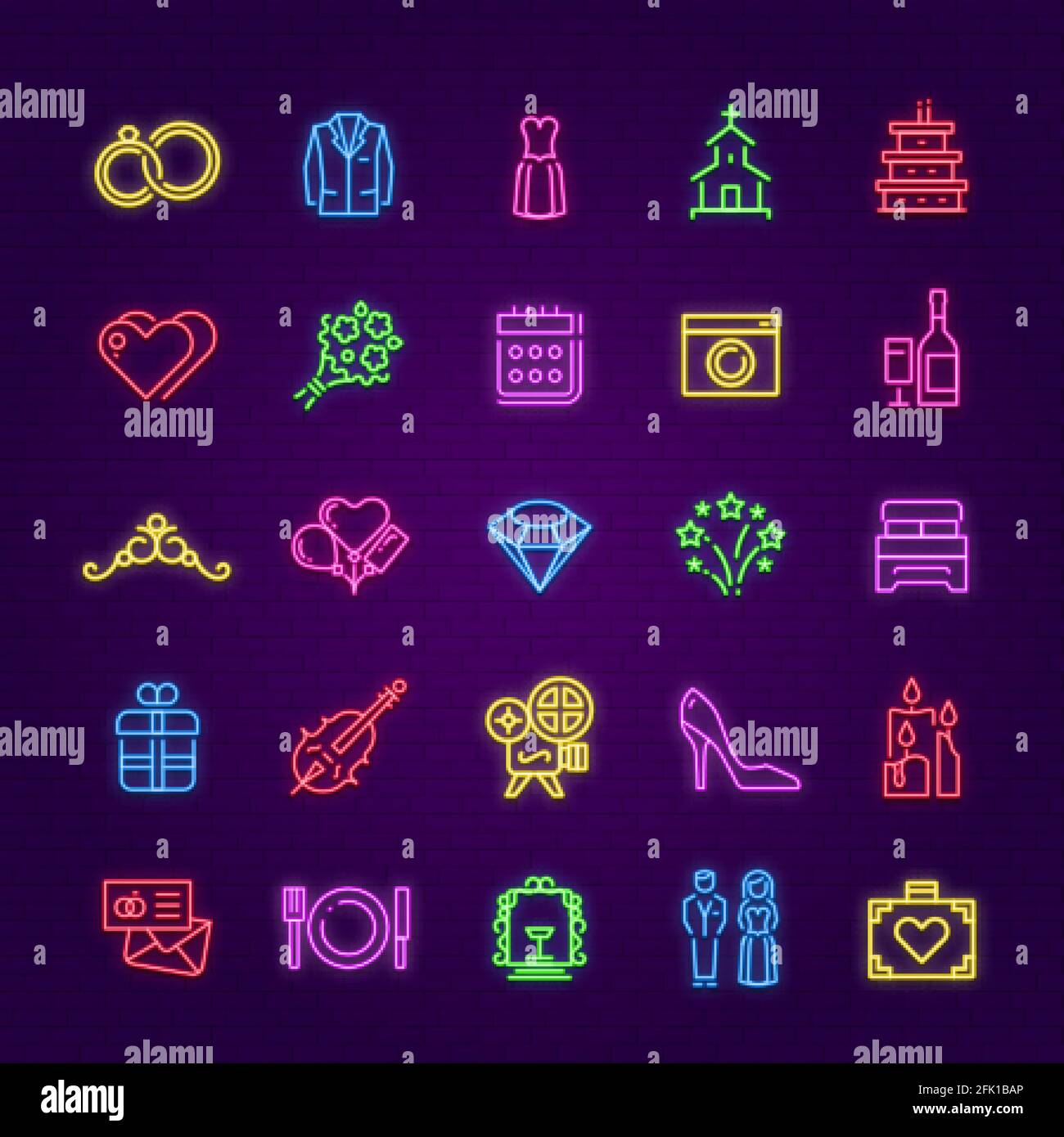 Cartello al neon per matrimoni. Simboli del matrimonio delle feste. Torta, anelli e scarpe per sposi. Club, pagina web, celebrando insieme icone vettoriali Illustrazione Vettoriale