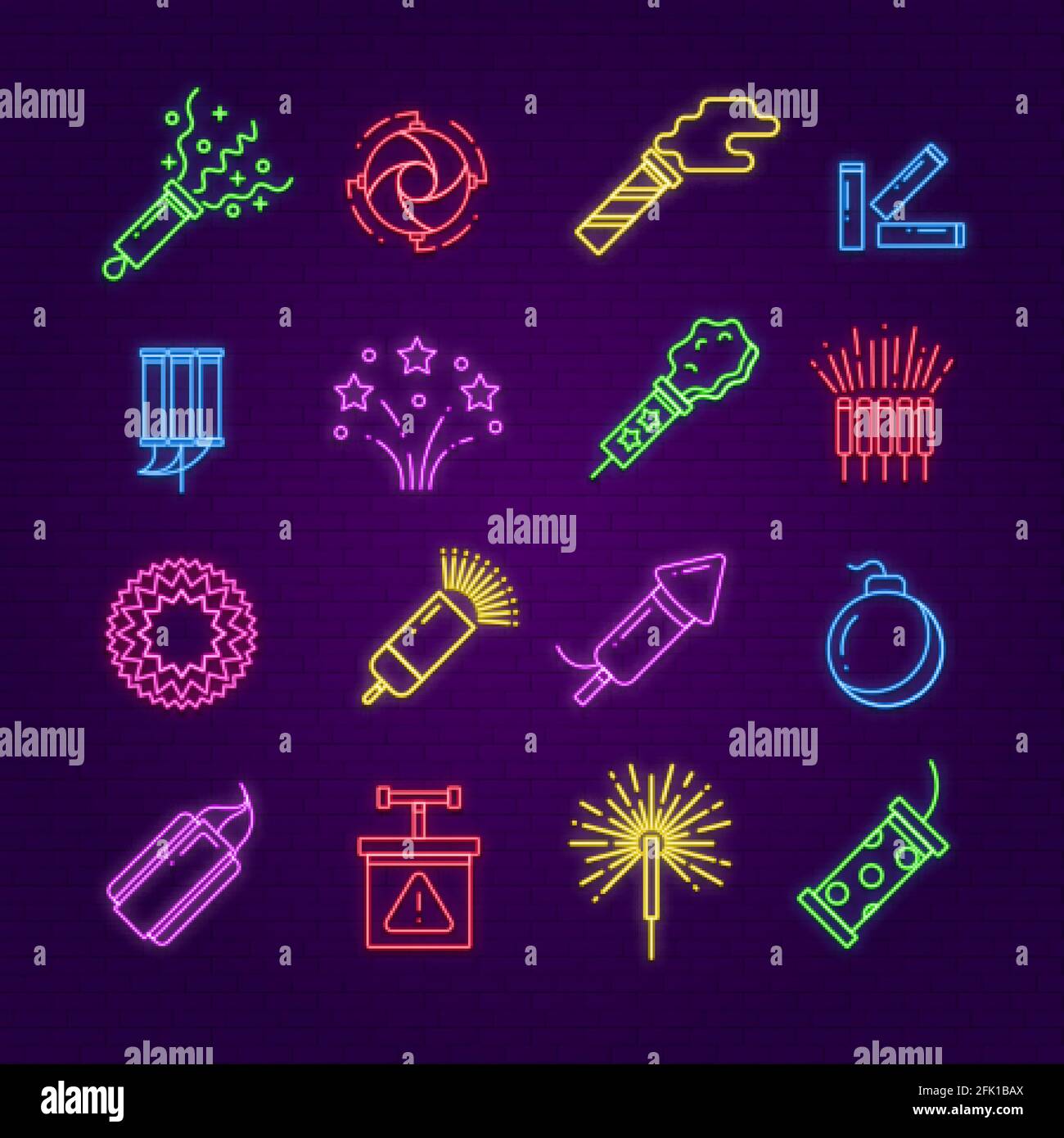 Icone fuochi d'artificio. Dinamite al neon festival, segno dei fuochi d'artificio della festa a LED. Scintillante scintilla festosa, elementi vettoriali pirotecnici di linea per le festività Illustrazione Vettoriale