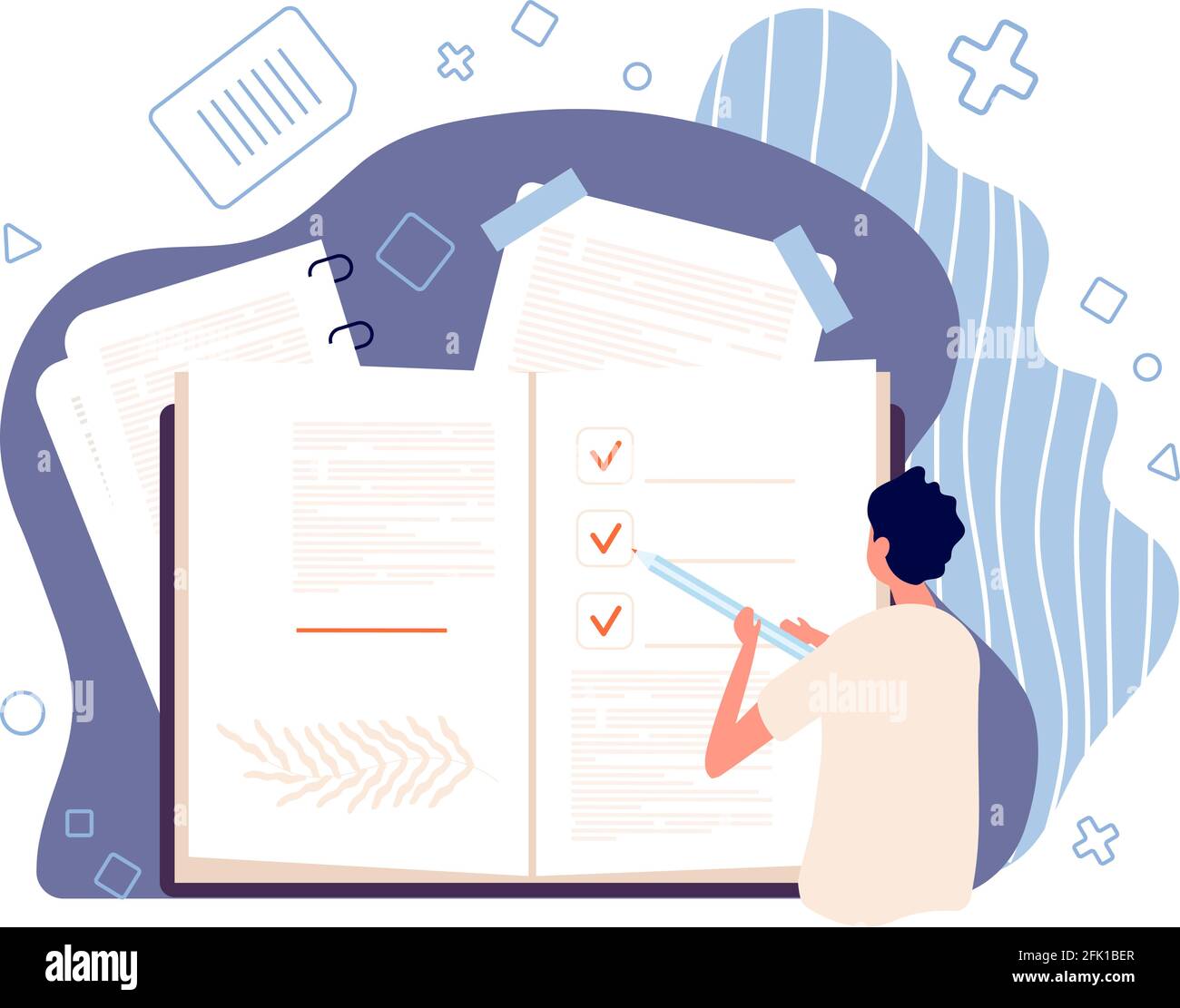 Informazioni sulle note. Giorno di pianificazione uomo, notebook per adesivi. Elenco delle attività, illustrazione del vettore di gestione del tempo Illustrazione Vettoriale