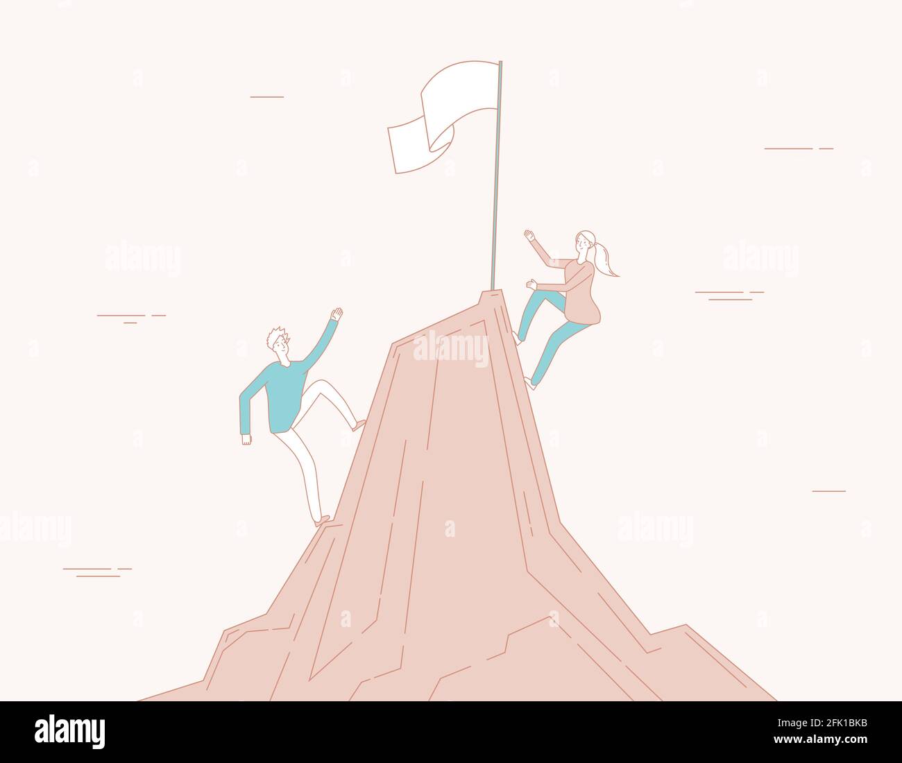 Arrampicata aziendale. Donna uomo salita al successo. Confronto di genere o metafora della concorrenza. Le persone salgono all'illustrazione vettoriale superiore Illustrazione Vettoriale