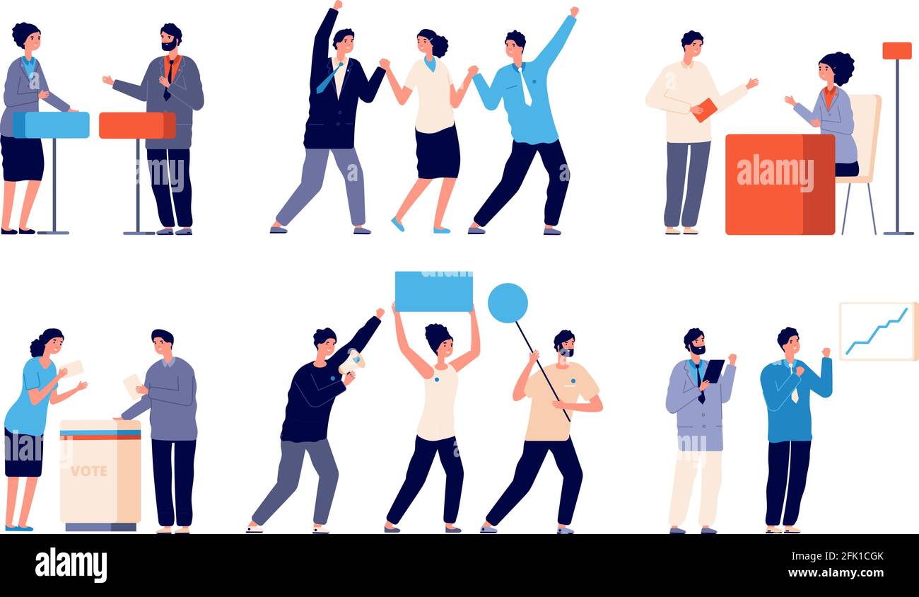 Caratteri di elezione. Candidato politico, posti di voto. Donna contro uomo, discussione di politici. Dibattito cartoon, insieme vettore processo elettorale Illustrazione Vettoriale