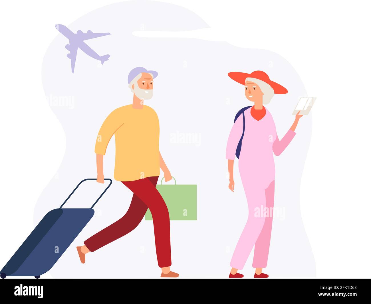 Tempo di vacanza. Viaggiatori anziani con bagagli al terminal dell'aeroporto. Turismo, volo in mare. Donna uomo con valigie in attesa di imbarco vettore concetto Illustrazione Vettoriale