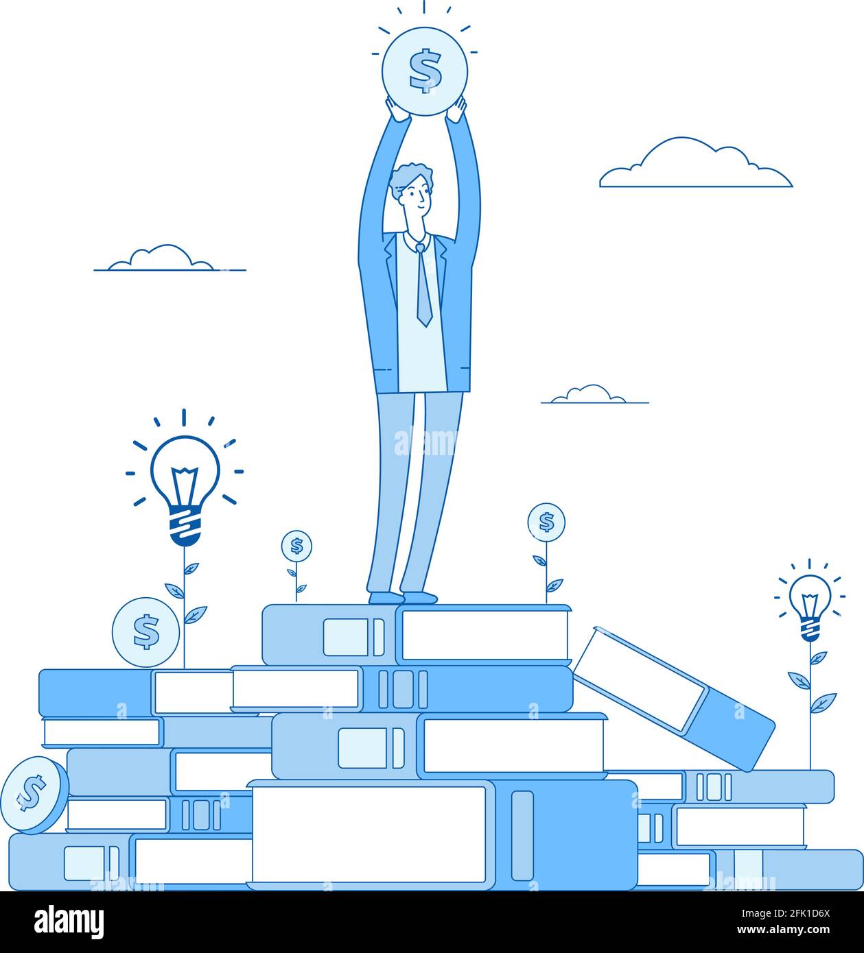 Concetto di lettura. Uomo felice con soldi. Trovare idee o metafora di investimento, auto-educazione profitto illustrazione vettore Illustrazione Vettoriale