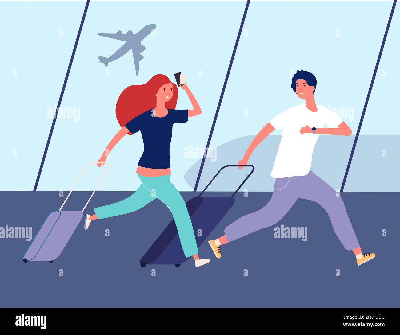 Persone in aeroporto. Una giovane coppia corre in aereo. Uomo donna con valigie. Illustrazione vettoriale delle vacanze in famiglia o del riposo estivo Illustrazione Vettoriale