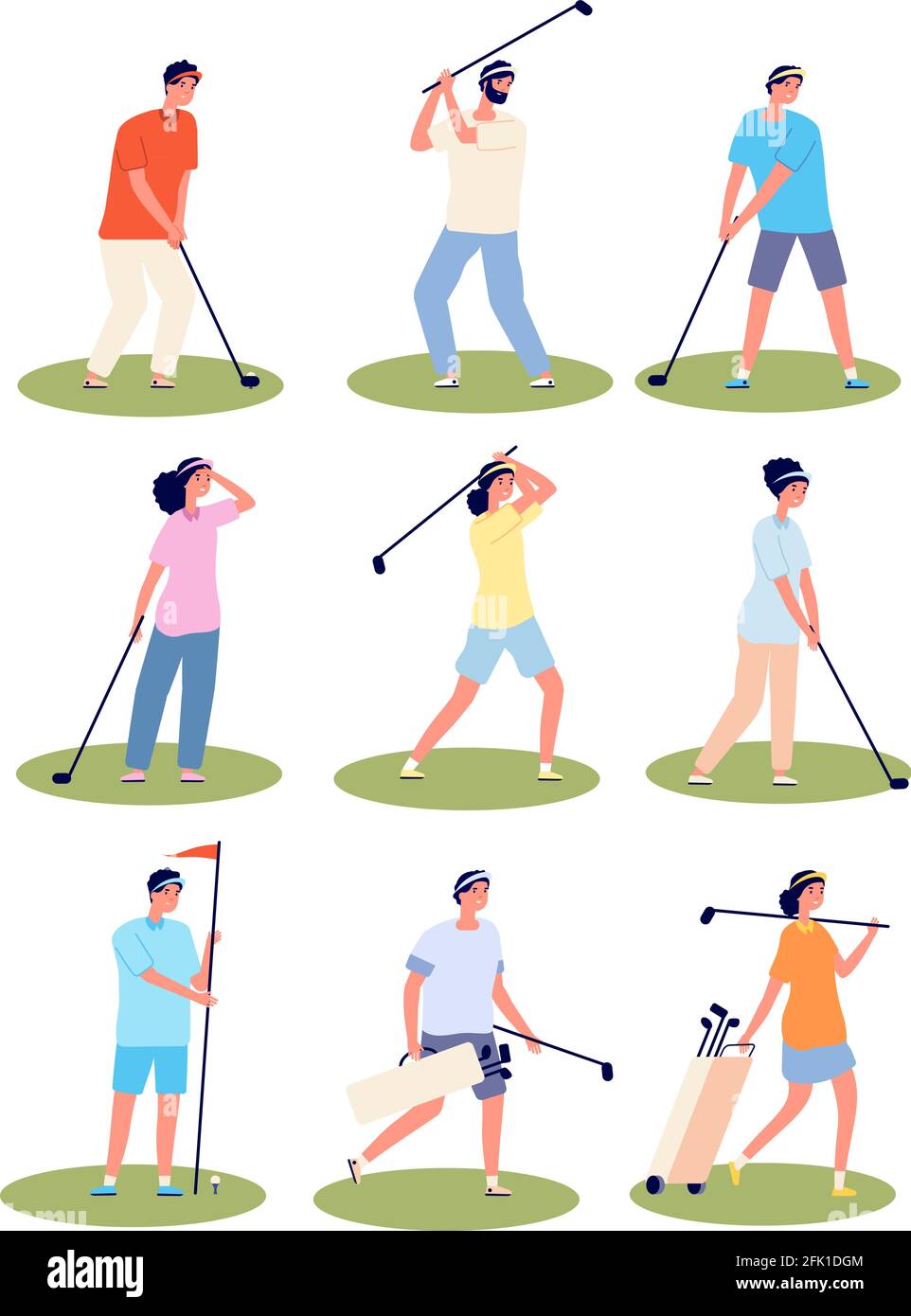 Giocare a golf. Divertimento cartoon giocatori di golf, tempo di sport. Giocatori di golf isolati in abiti sportivi uniformi. Set vettoriale per ricreazione uomo piatto Illustrazione Vettoriale