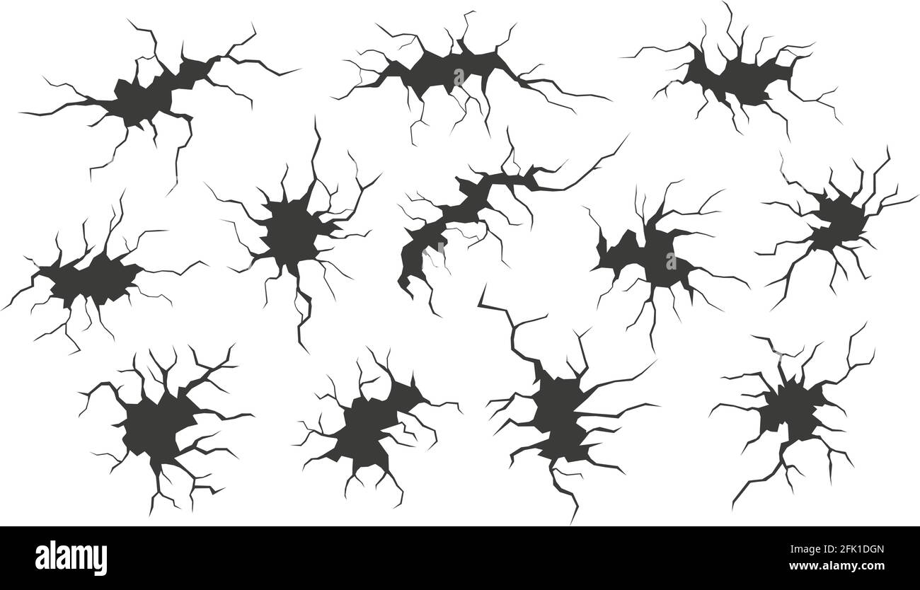 Incrinature asciutte. Fori di riparazione parete, superficie danneggiata. Effetti di rottura del terremoto o di collasso di potenza. Set vettoriale per calcestruzzo fessurato nero Illustrazione Vettoriale