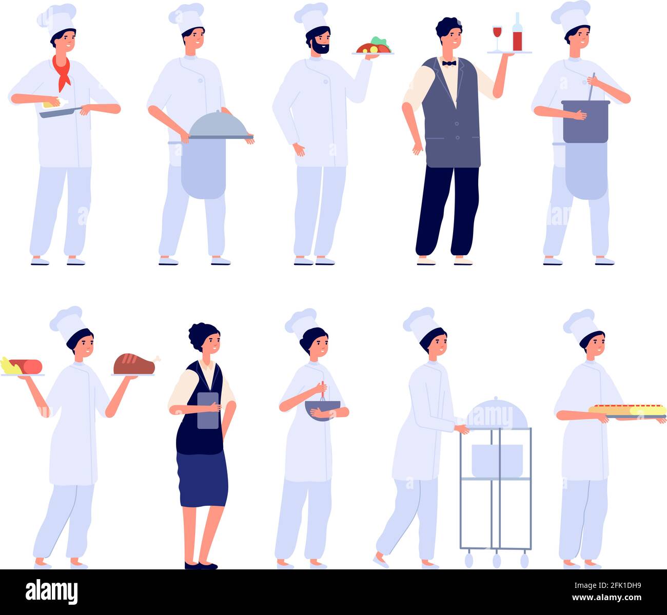 Il personale del ristorante. Specialista alimentare, chef piatto e cameriere. Direttore caffè isolato, personale cordiale. Maschile femmina cucina, lavoratori della cucina vettore set Illustrazione Vettoriale