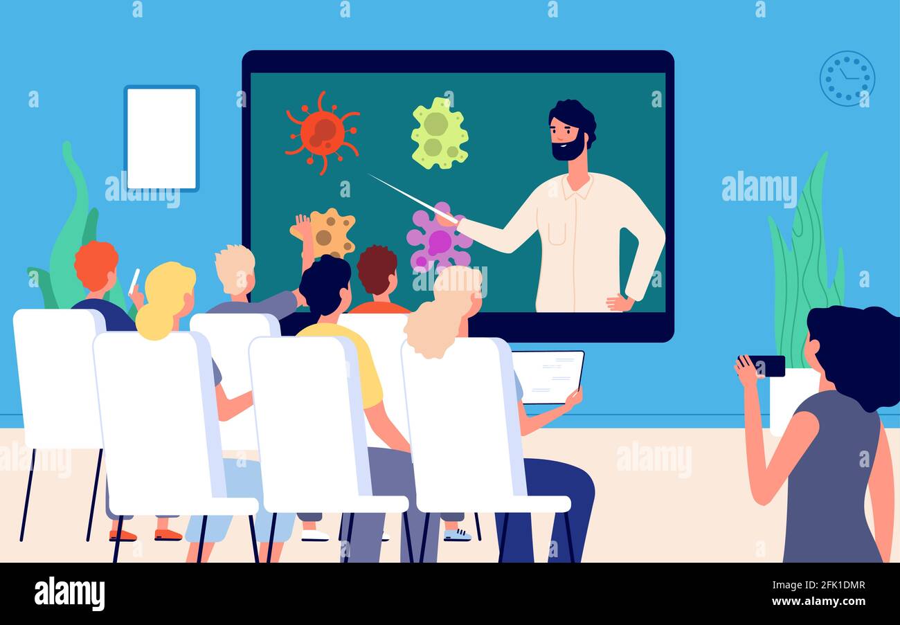 Apprendimento a distanza. Gruppo di studenti alla lezione online. Insegnante che dà lezione dal vivo. Epidemiologia, virus. Formazione remota, vettore di professore online Illustrazione Vettoriale