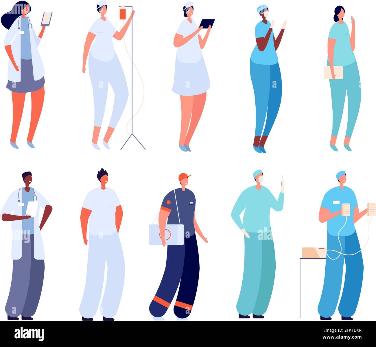 Medico e infermiere. Appartamento intern ospedale, chirurgo paramedico. Team medico giovane. Insieme di vettori specifici isolati di malattia infettiva femminile Illustrazione Vettoriale