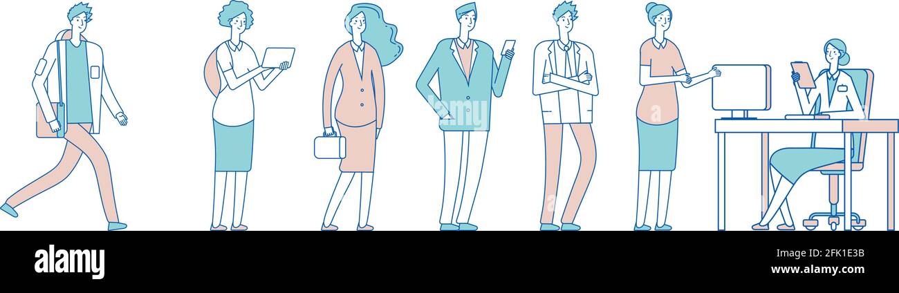 Lunga coda di persone. Uomini donne in istituzione sociale, in attesa di segretaria. Amministratore, accettazione di applicazioni e documenti illustrazione vettoriale Illustrazione Vettoriale