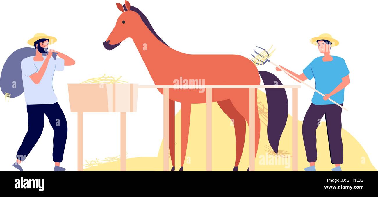 Vita rurale. Coltivatori raccolgono fieno, cavallo piatto Corral. Lavoratori agricoli isolati con pony. Illustrazione del vettore del tempo di mietitura autunnale Illustrazione Vettoriale