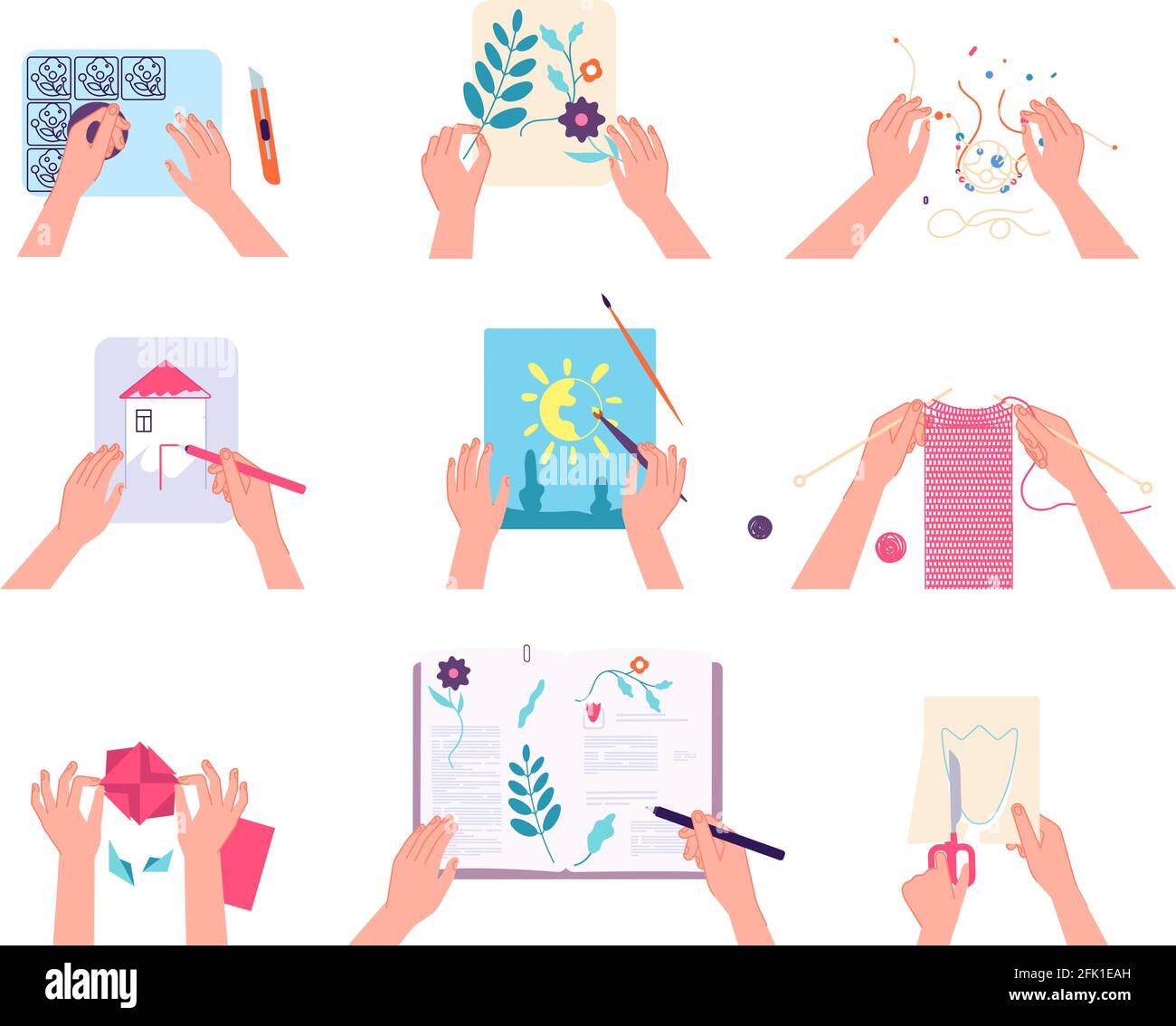 Artigianato a mano. Mani umane che disegnano la lavorazione a maglia, facendo scrapbook. Laboratori per bambini o per adulti. Braccio isolato per la vista dall'alto con vettore a forbice con spazzola a penna Illustrazione Vettoriale