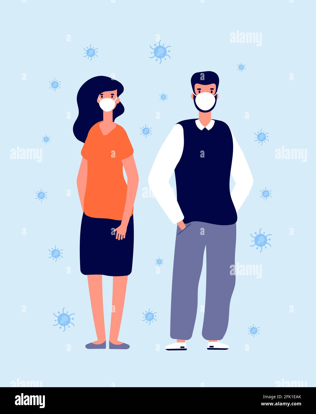 Protezione individuale contro i virus. Maschere mediche, persone che indossano proteggere. Prevenzione influenza, malattie o inquinamento. Illustrazione del vettore umano in maschera Illustrazione Vettoriale