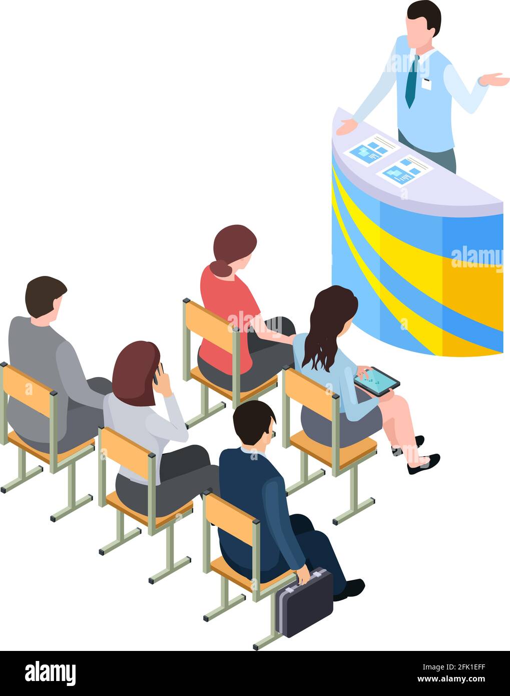 Formazione aziendale. Allenati su tribune, imparare persone in 3d o ascoltare la presentazione. Isometrico uomo donna studentesse carattere vettoriale Illustrazione Vettoriale