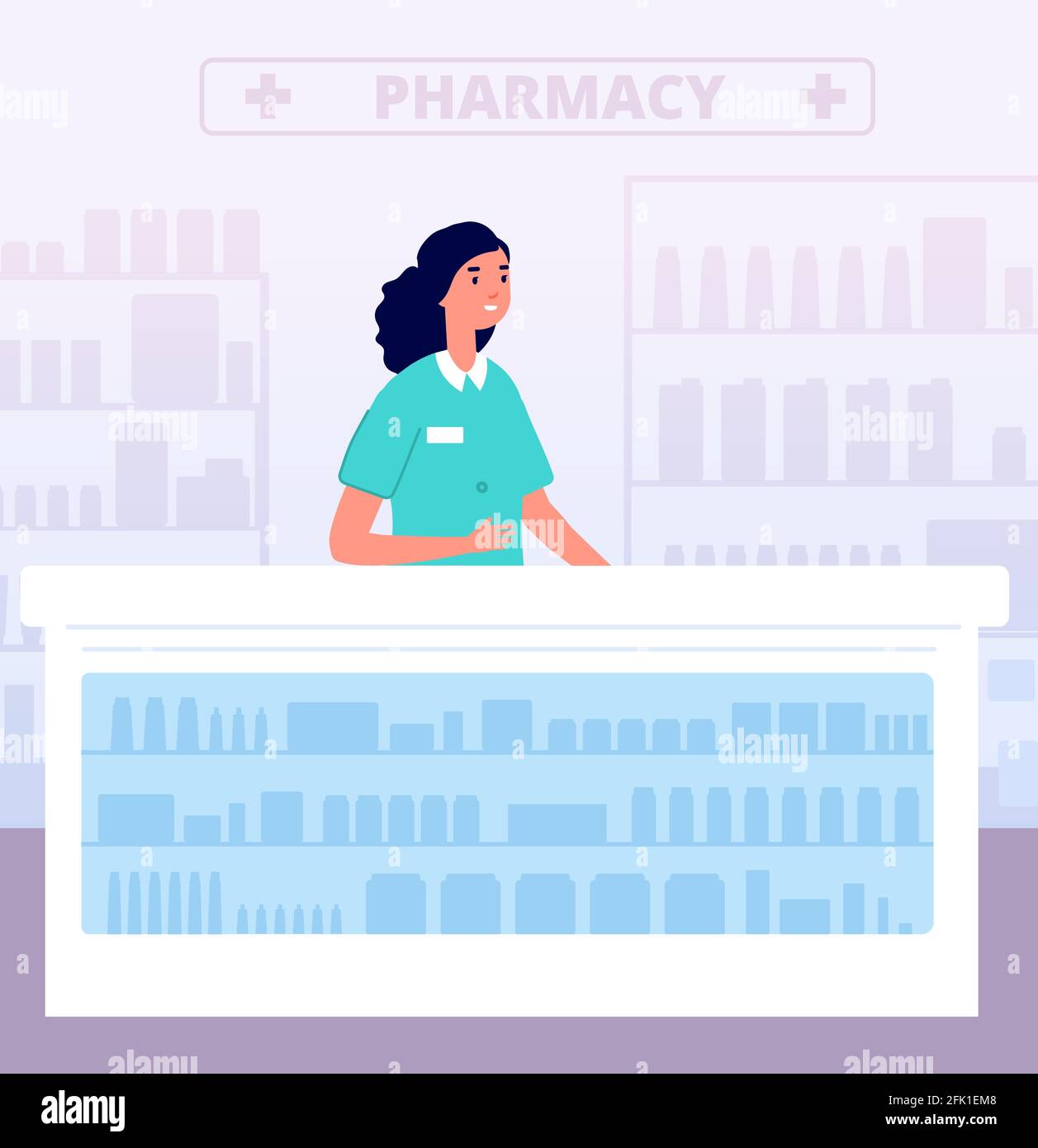 Farmacista. Farmacia negozio farmaci, farmacia ospedale. Infermiere farmaceutico dietro banco. Piatto giovane venditore di droghe illustrazione vettoriale Illustrazione Vettoriale