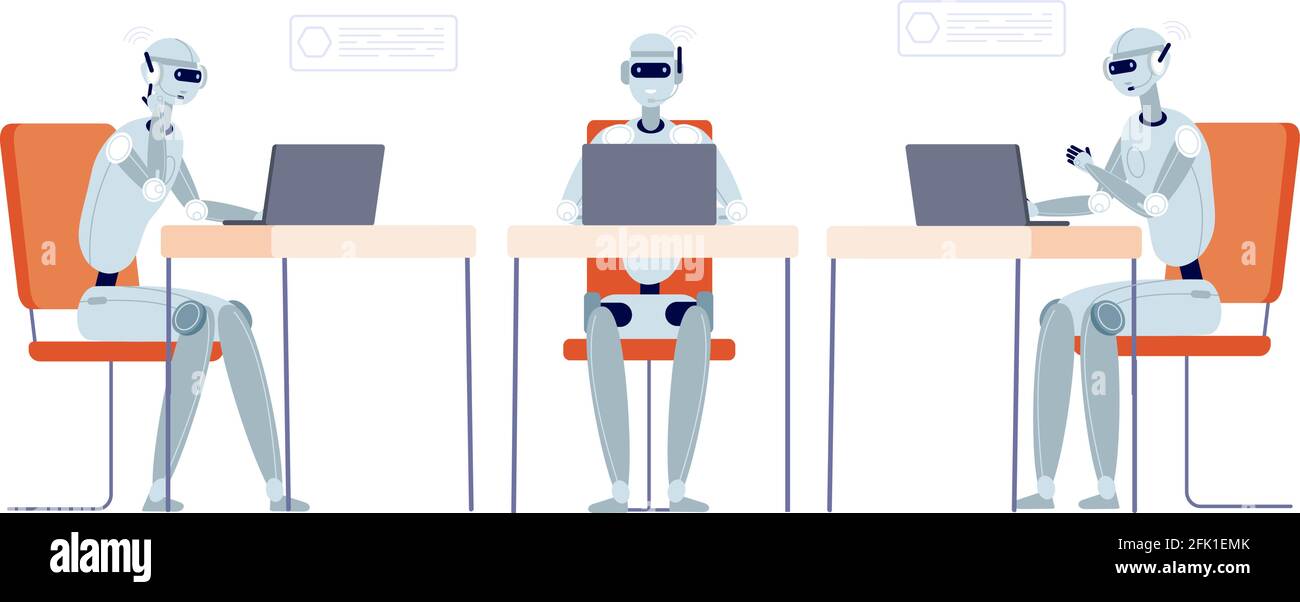 Assistenza clienti chatbot. Chat robot moderne, servizio bot o hotline. Tecnologia intelligente nel business, operatore di cyborg illustrazione vettoriale Illustrazione Vettoriale