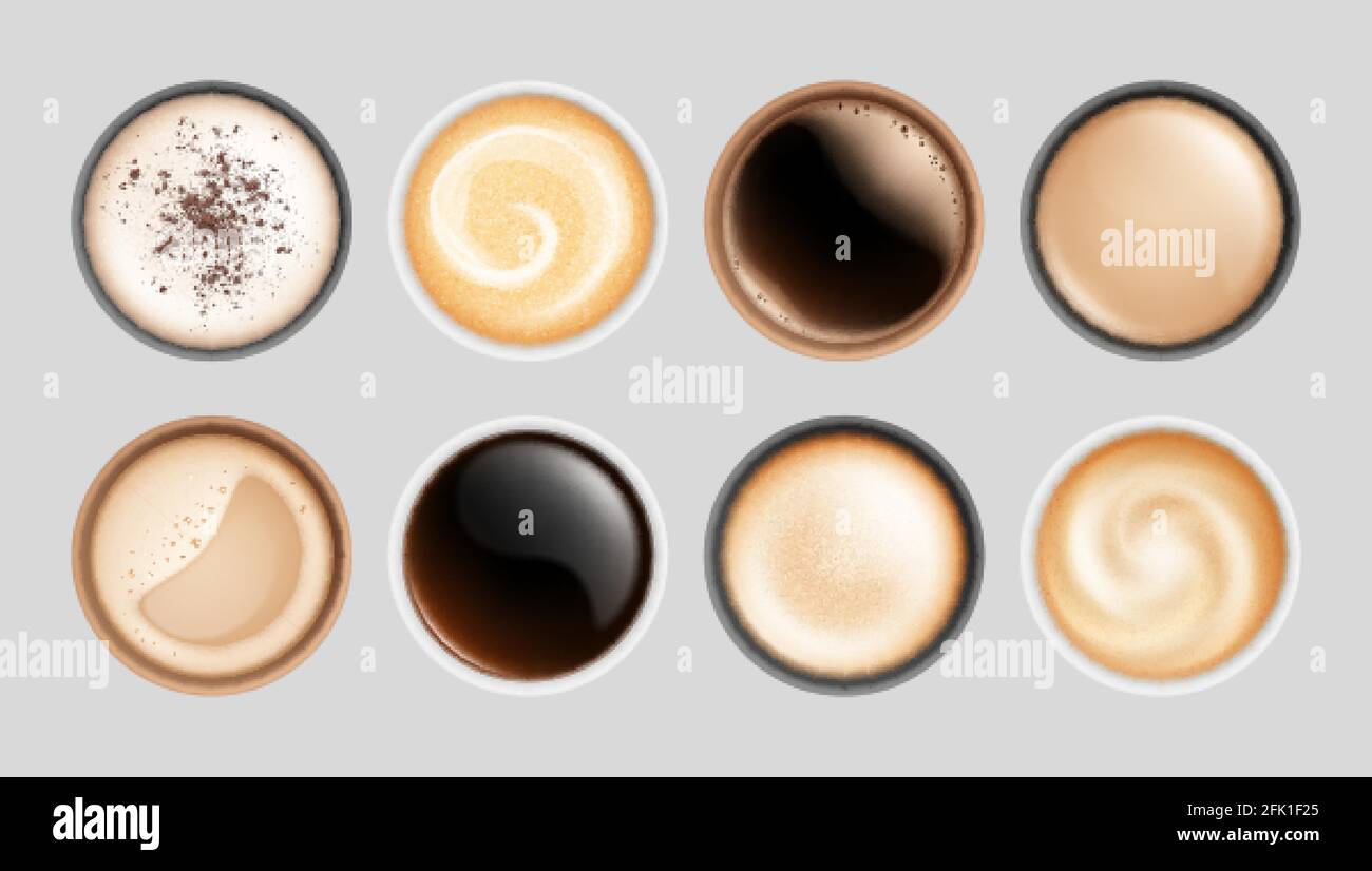 Tazza di caffè realistica. Cappuccino espresso con latte caldo e vista dall'alto, bevande per la colazione isolate. Latte schiuma bevande in tazze illustrazione vettoriale Illustrazione Vettoriale