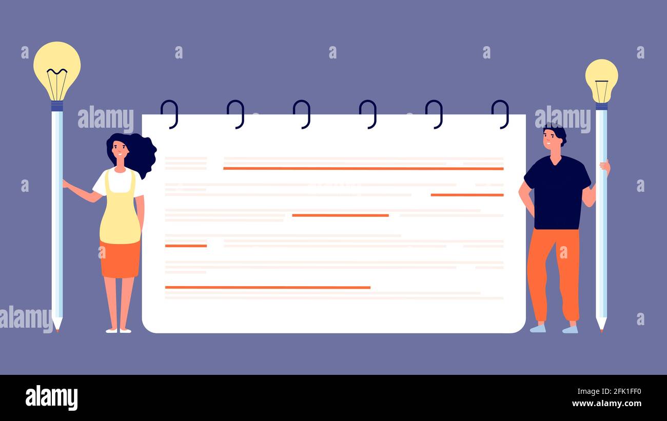 Persone creative con pianificatore. Donna uomo hanno nuova idea o soluzione. Studenti con matite e lampadine illustrazione vettoriale Illustrazione Vettoriale
