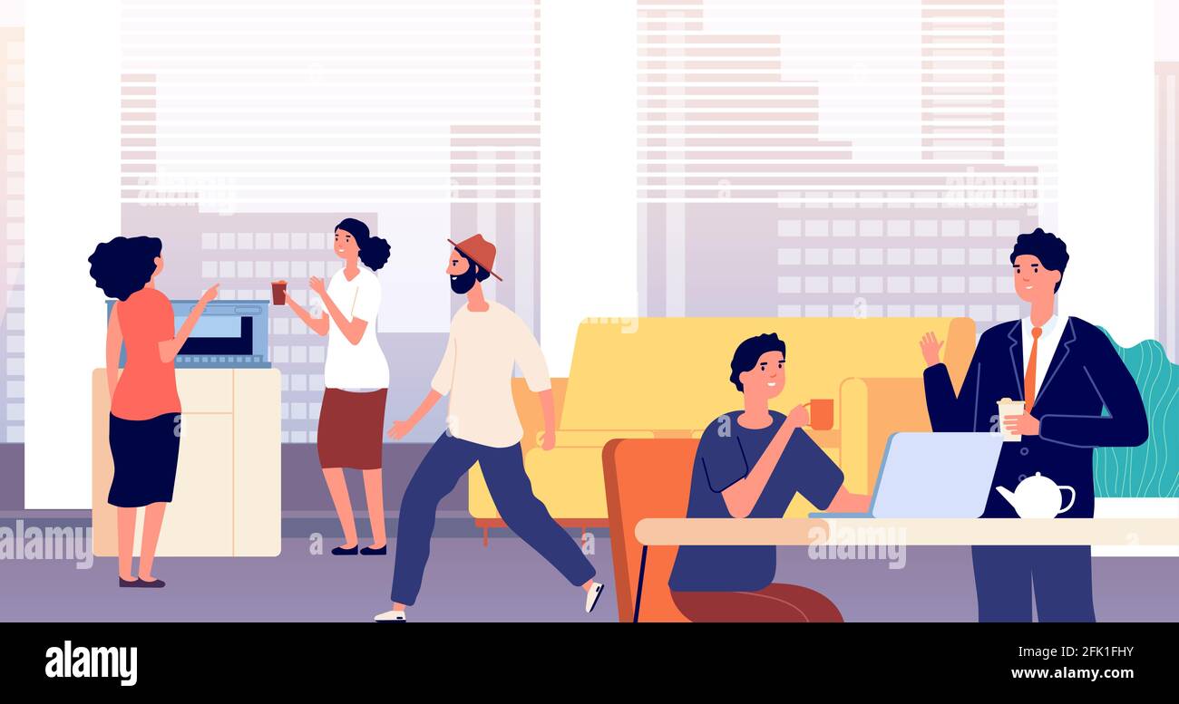 Sala ufficio. Foyer, la gente beve il tè del caffè. Sala da pranzo nel business center. Area comune in ostello, la gente ha pranzo e chiacchierare. Manager caffè Illustrazione Vettoriale
